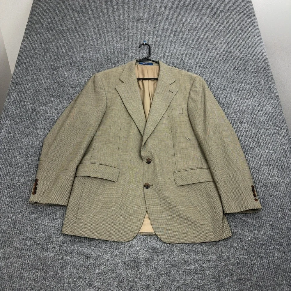 Vintage Chaps Ralph Lauren Blazer Mens Tan Wool‎ Houndstooth Two Button Classic